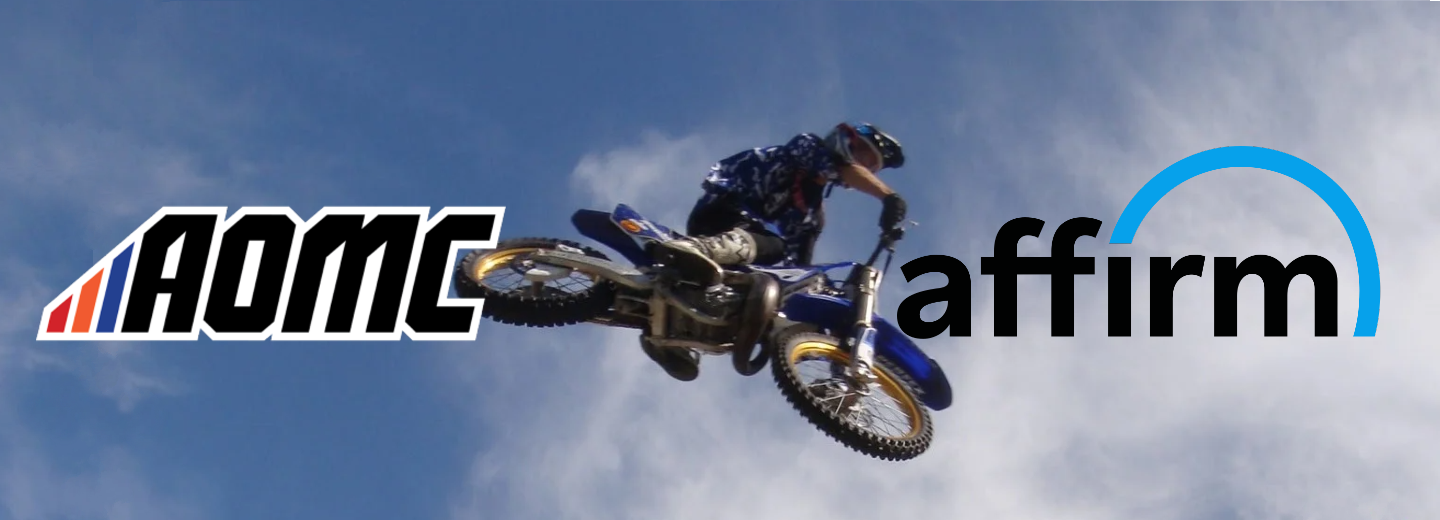 AOMC & Affirm banner, Dirt Bike rider in sky