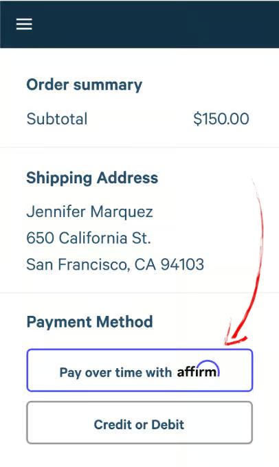 Sample of Order Summary for affirm pay at checkout